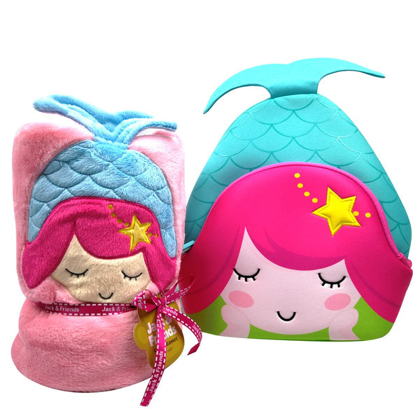 Mermaid Plush Cuddly Kids Animal Blanket and Toddlers Backpack (Pink Mermaid)