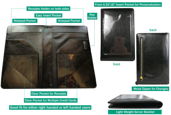 Large Waiter Book Wallet, Premier Waiter Organizer with 11 Pockets, Picture Slot, Coin Purse, Holds 2 Guest Checks | for R/Left Handed Waitress (MSP-350 Black)