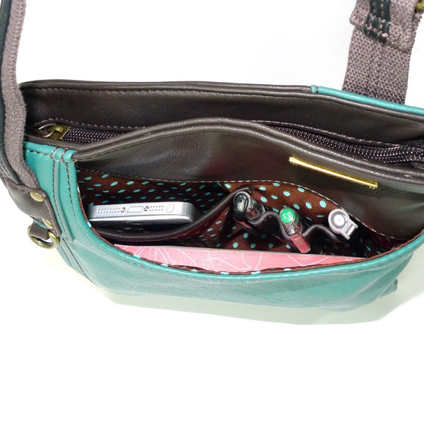 Chala Handbag Xbody Swing Bag, Crossbody Swing Bag, FAUX Leather, 2 Tone (Owl, Teal/Black)