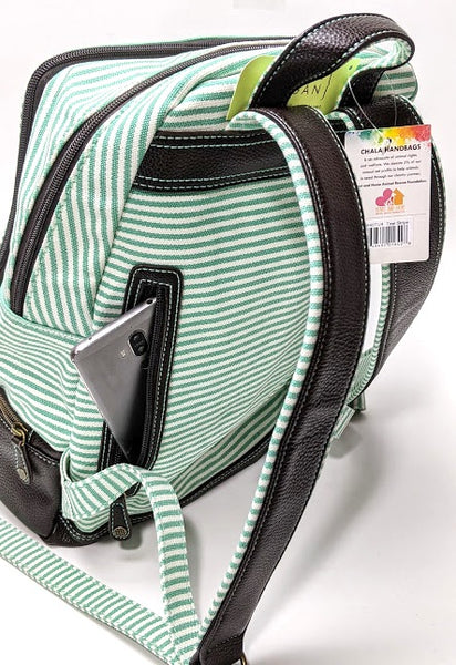 Chala Deluxe Striped Backpack Style Purse with detachable Key Fob Charm (Sea Turtle)