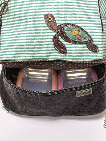 Chala Deluxe Striped Backpack Style Purse with detachable Key Fob Charm (Sea Turtle)